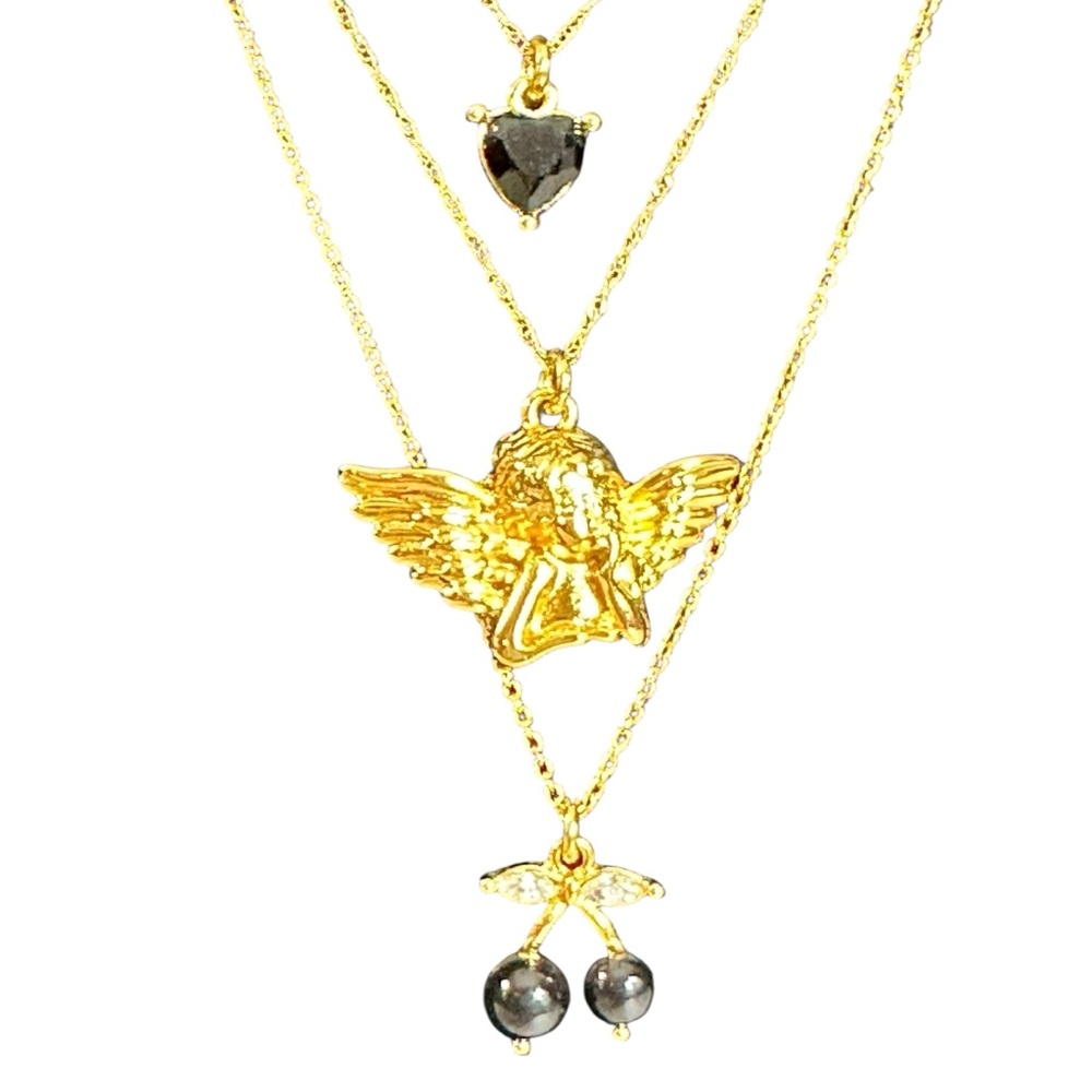 Free People Angels Only 14 K Gold Plated Layered Pendant Necklace / Black - Picture 4 of 5